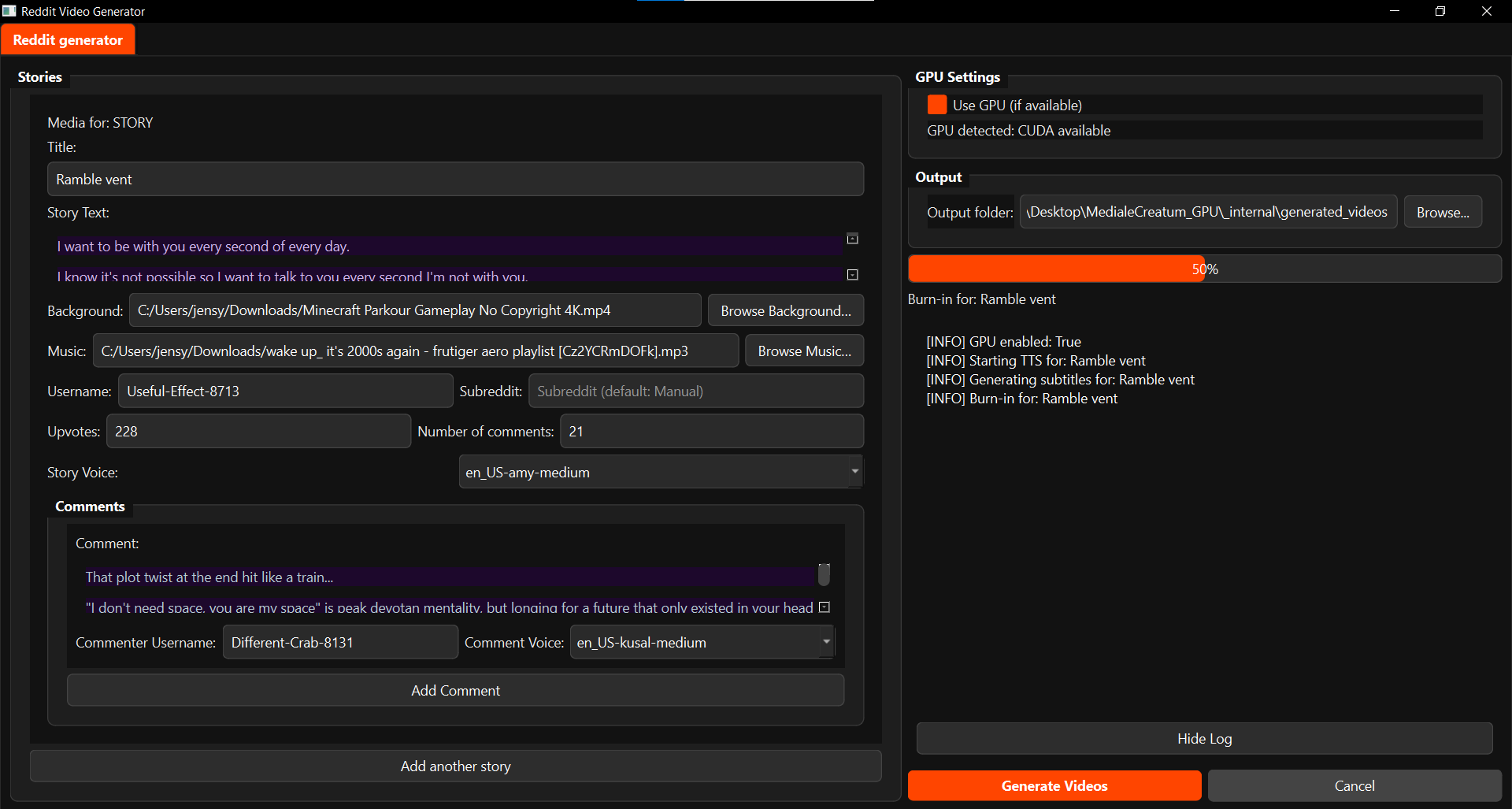 MedialeCreatum generating video with comment GPU version